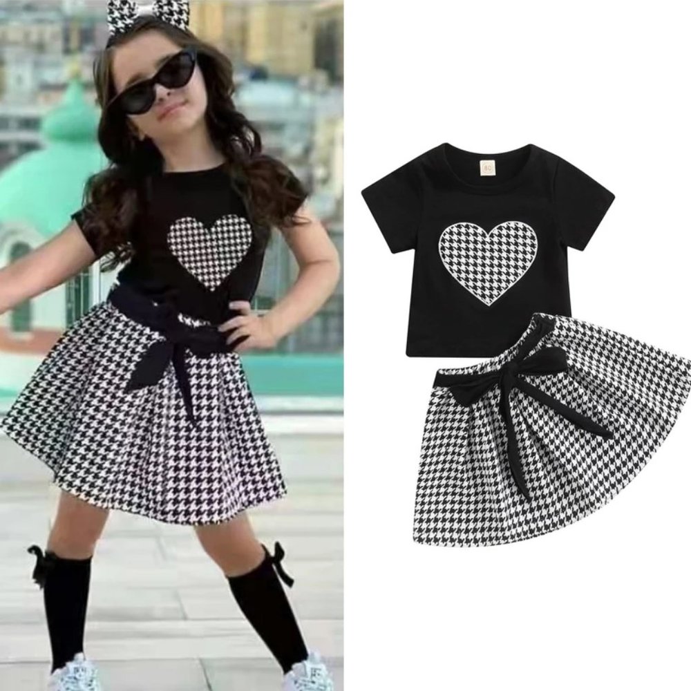 Valentine's Day Girls Houndstooth Heart Shirt & Skirt Outfit Set